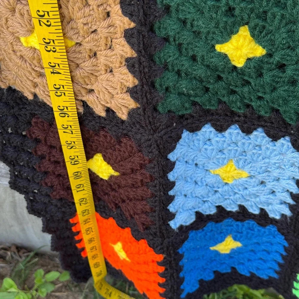 Vintage Handmade Granny Square Afghan Throw Blanket Black Multicolor 51x70